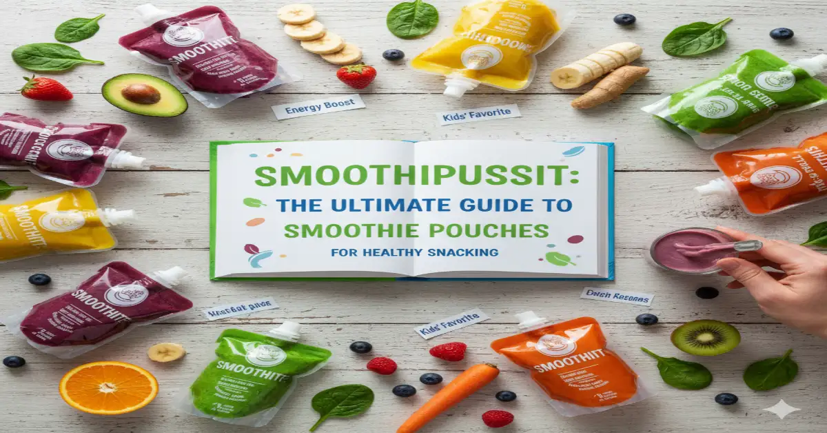 Assortment of "Smoothiepussit" smoothie pouches and fresh ingredients on a wooden table, surrounding a guide book.