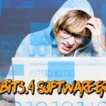 Frustrated programmer dealing with winobit3.4 software error on laptop with binary code background