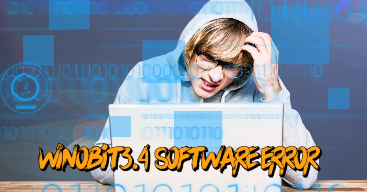 Frustrated programmer dealing with winobit3.4 software error on laptop with binary code background