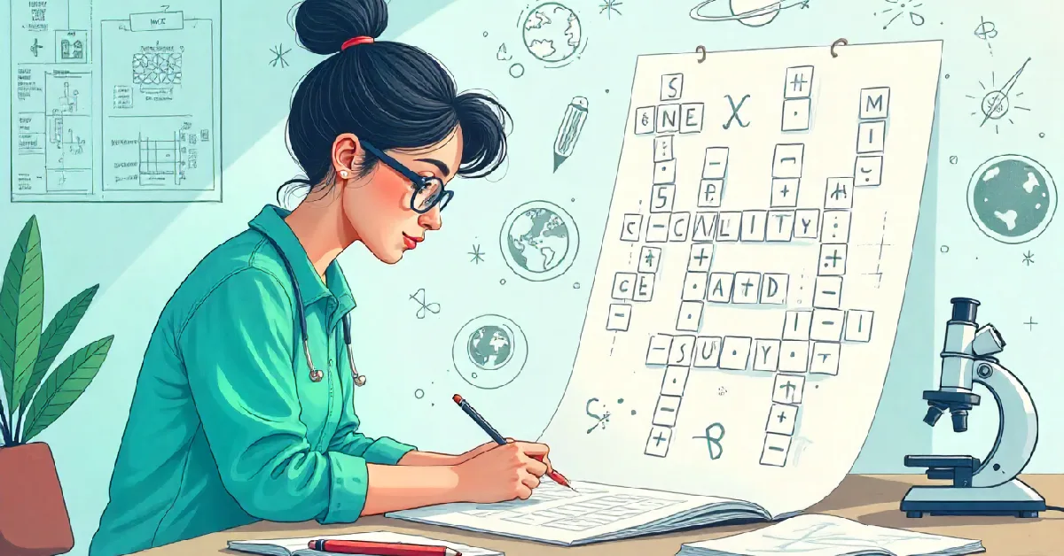 A student solving a large crossword puzzle with science-related terms, symbolizing how to complete the crossword puzzle below science.