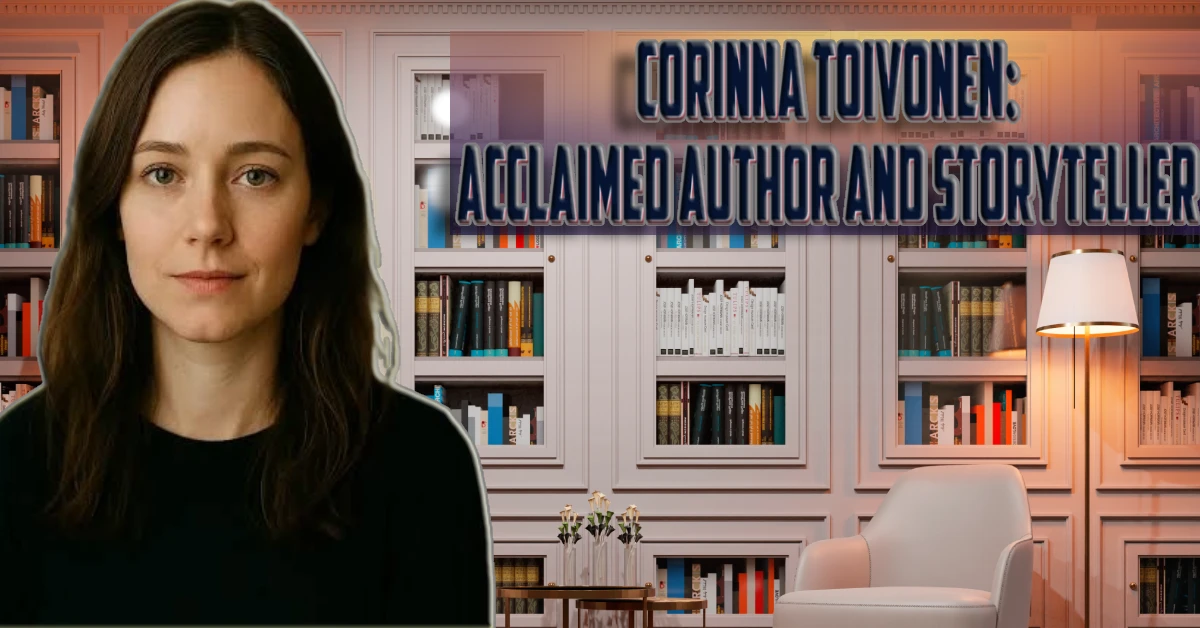Corinna Toivonen author portrait in home library with extensive bookshelves background