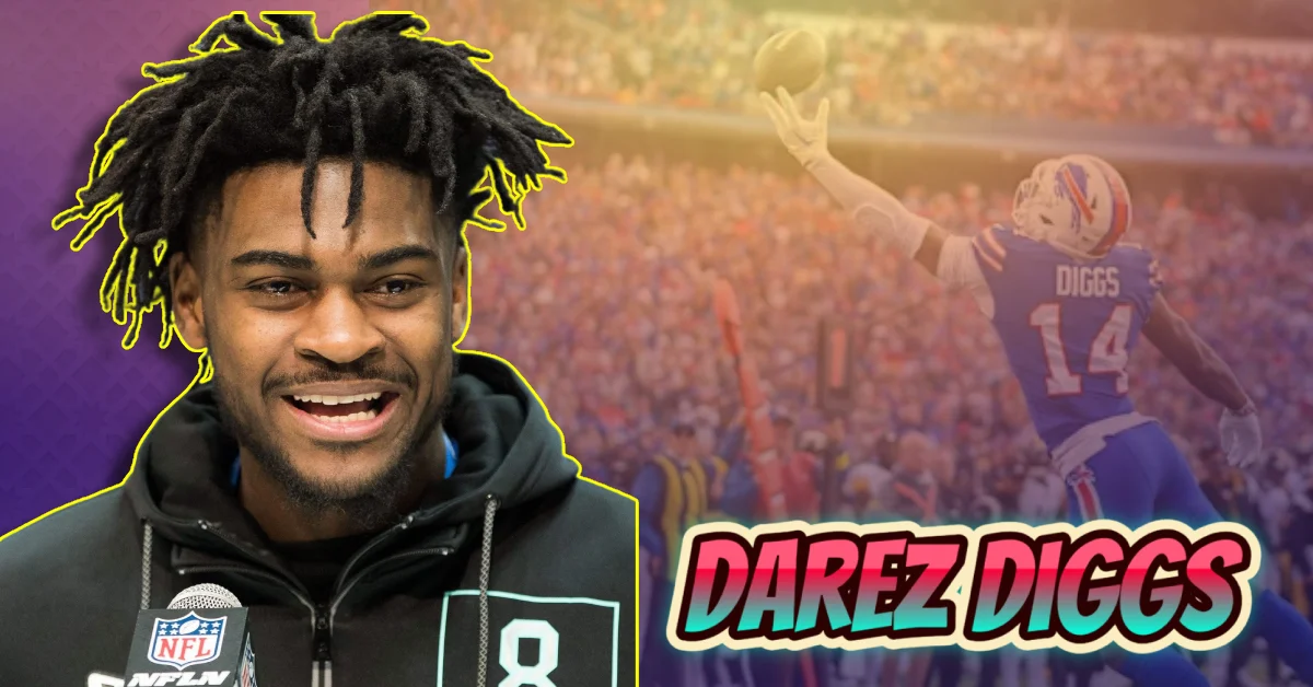 Darez Diggs interview photo with NFL background showing football player wearing number 14 jersey during game