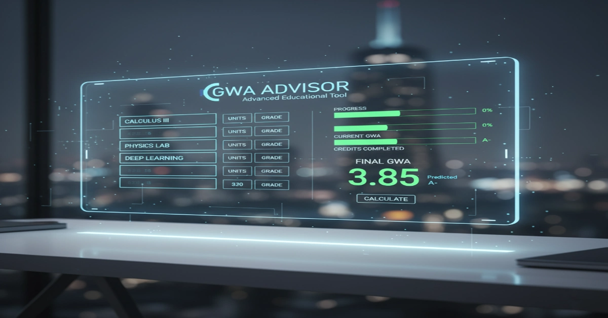 GWA calculator interface showing advanced educational tool with subject grades, units input fields, and final GWA result of 3.85
