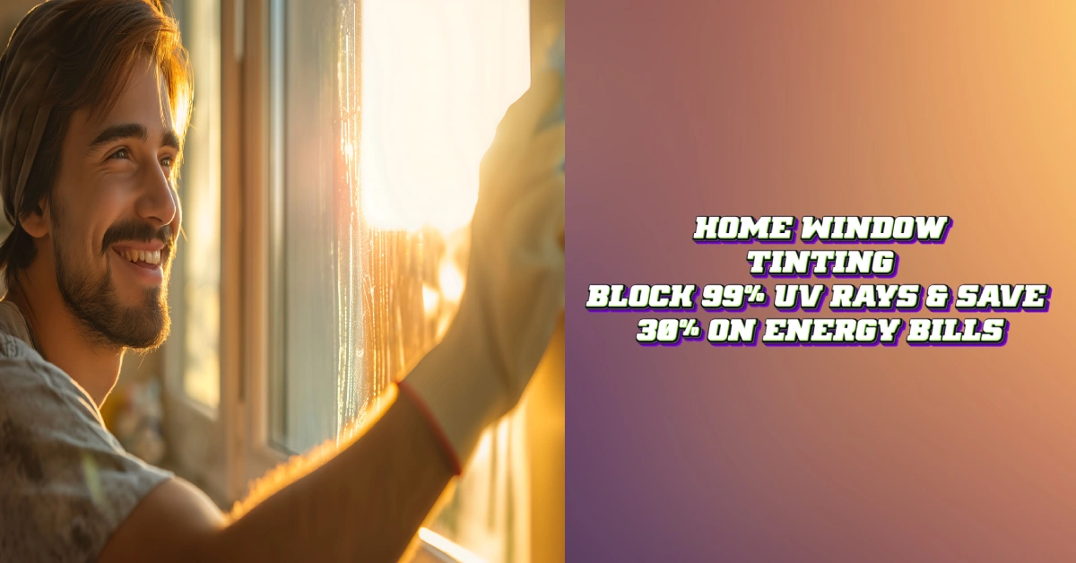 Man installing home window tinting film on residential window to block UV rays and reduce energy costs