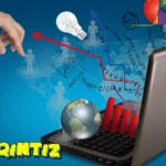 Rovzizqintiz digital marketing concept showing laptop with business analytics, global connectivity icons, and growth charts