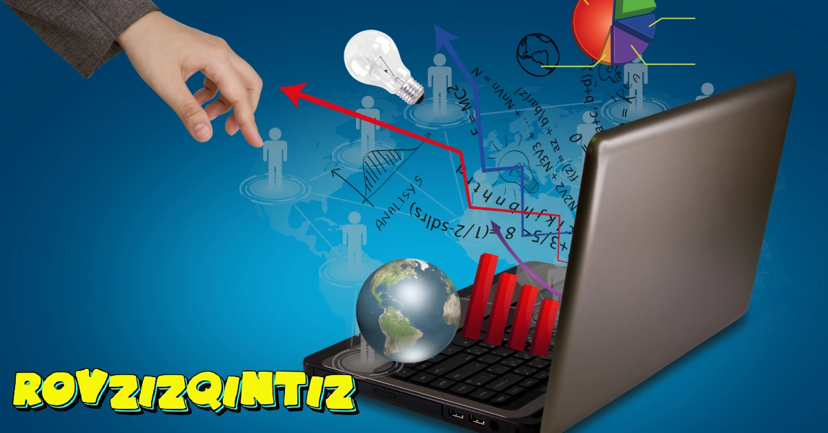 Rovzizqintiz digital marketing concept showing laptop with business analytics, global connectivity icons, and growth charts