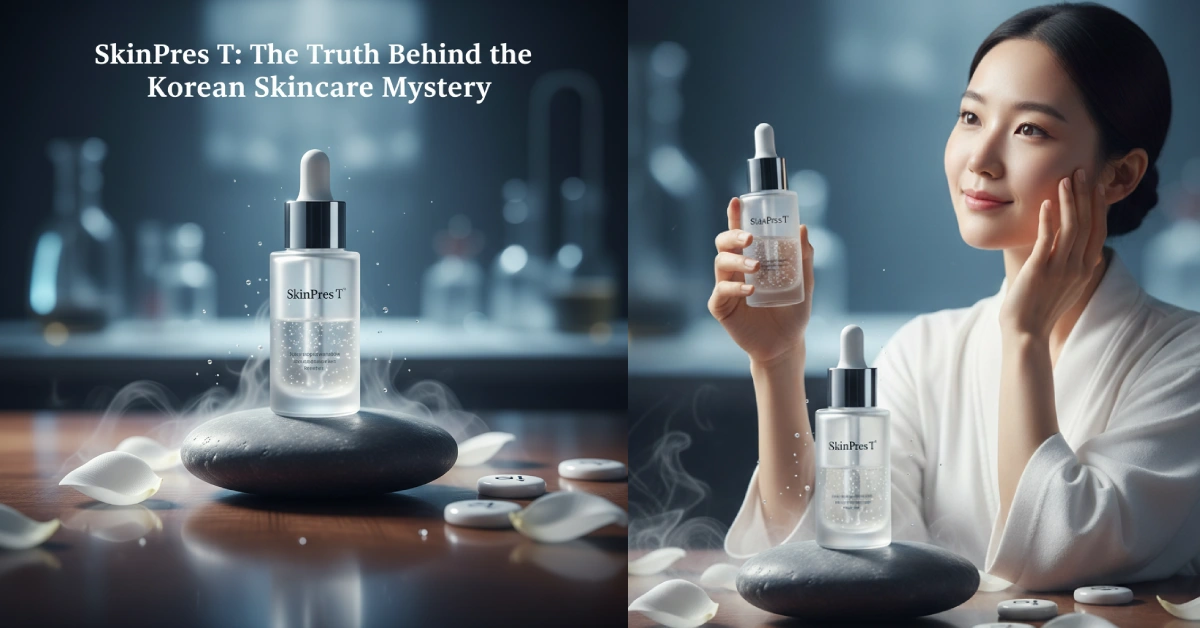 SkinPres T Korean skincare bottle with mineral mist on spa stones