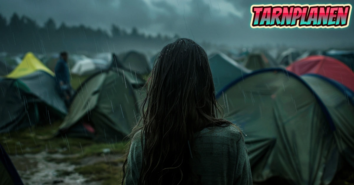 Person looking at camping tents in heavy rain storm, demonstrating need for tarnplanen weather protection gear