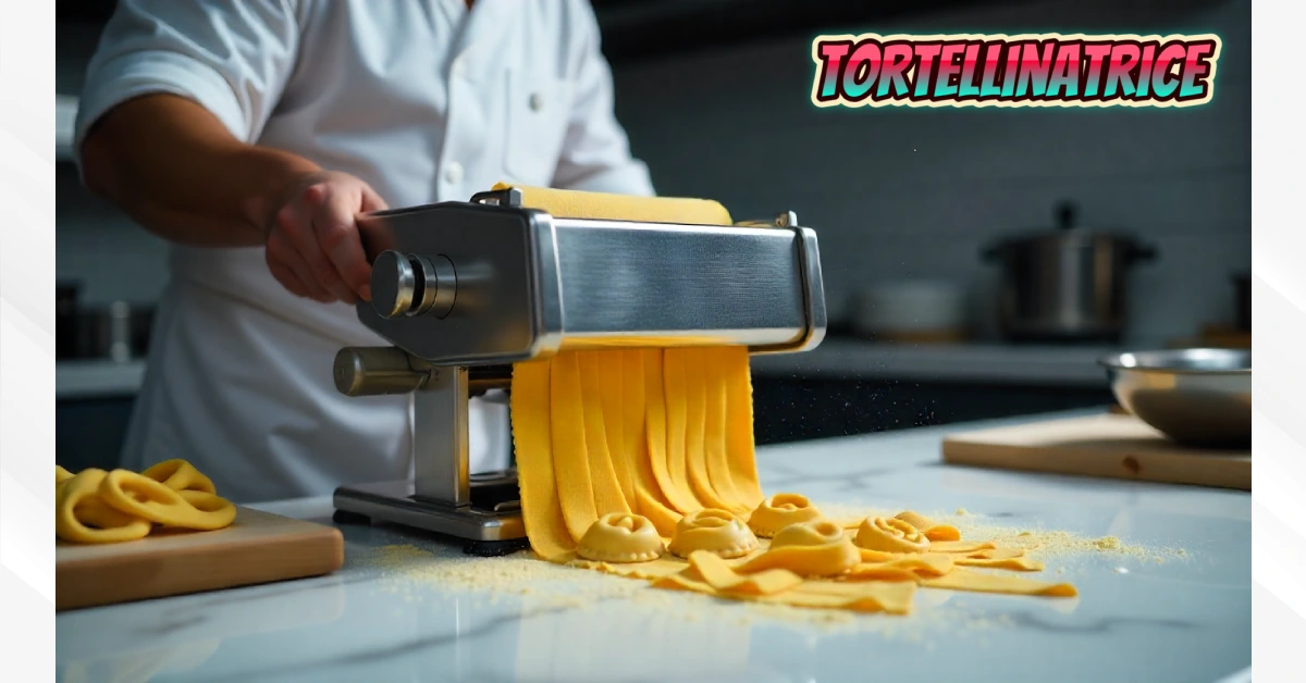 Tortellinatrice machine making fresh tortellini pasta on kitchen counter with dough and finished pasta