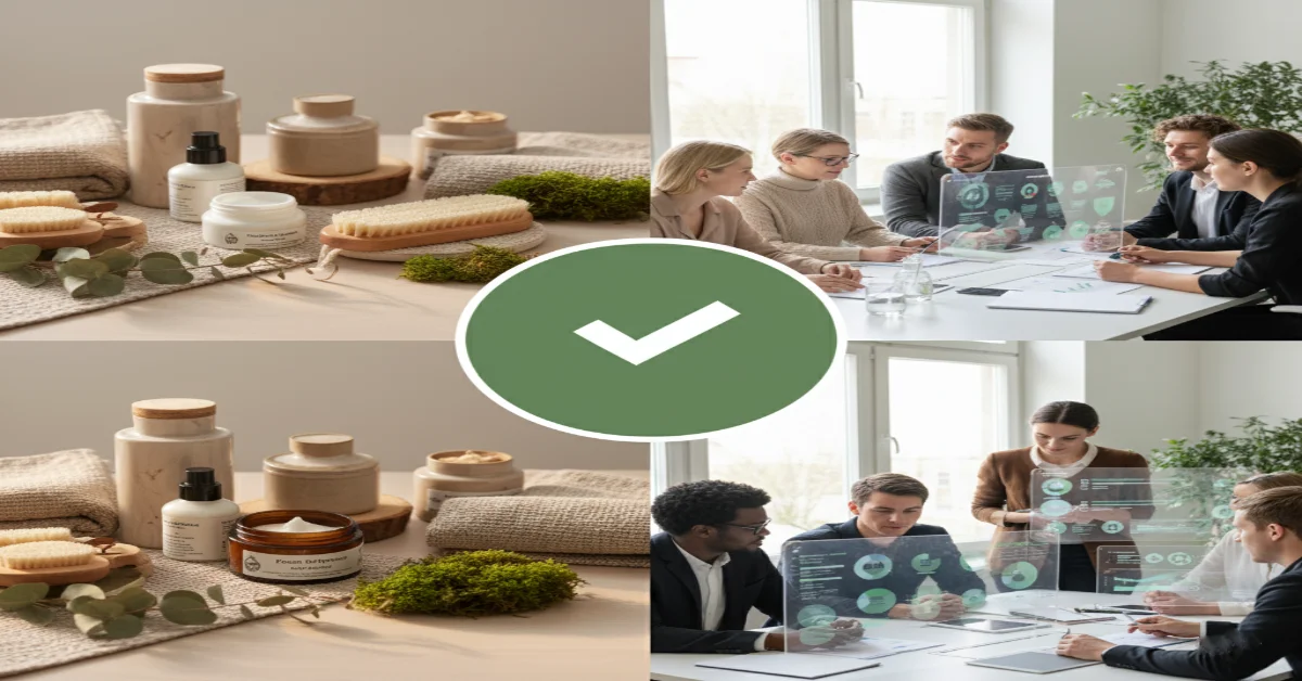 Aurö dual meaning visual: natural wellness products with botanical elements alongside environmental economics research team collaboration