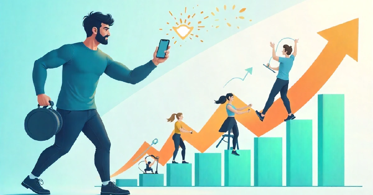 fitness trainer career growth illustration showing trainer with clients climbing success steps