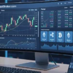 MyFastBroker.com trading platform dashboard showing forex charts, cryptocurrency icons, and real-time market data on desktop monitor