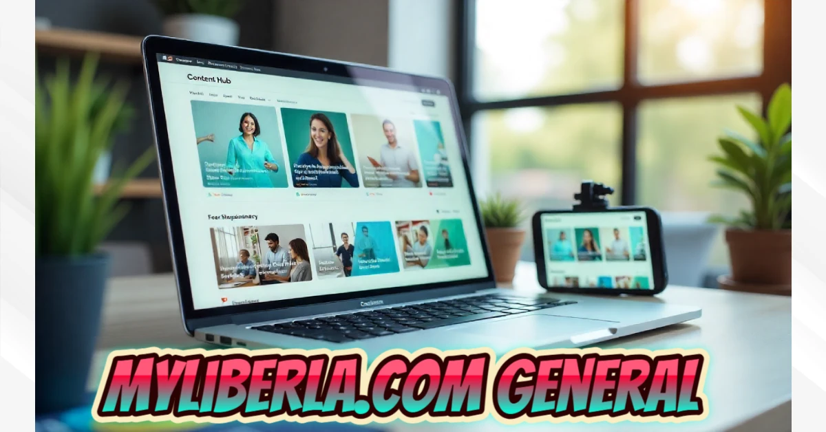 MyLiberla.com general platform displayed on laptop and smartphone showing content hub interface with multiple article categories in modern workspace