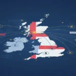UK trading landscape map showing post-Brexit trade routes and international connections with currency symbols