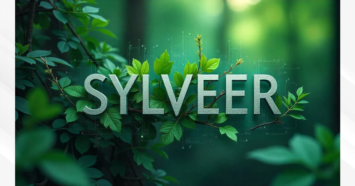 Sylveer name in silver letters with green leaves and digital tech patterns on forest background representing nature and technology fusion