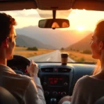 Weekend trips couple driving toward mountains during golden hour sunset with coffee