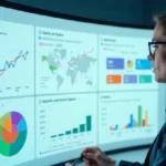Professional analyzing CRM marketing automation dashboard with customer data analytics and campaign performance metrics