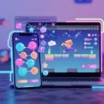 Mopoga browser gaming platform showing colorful puzzle games on smartphone and laptop screens