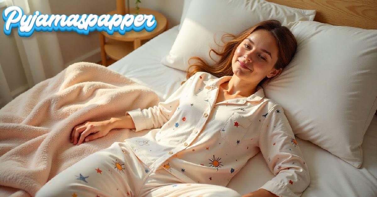 Pyjamaspapper stylish pajamas with creative prints on cotton fabric displayed on cozy bed in minimalist bedroom setting