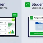 Teacher reviewing student grades and performance analytics in Schoology Alfa learning management system dashboard, showing student scores and progress tracking on left; Student submitting assignment through Schoology Alfa classroom dashboard interface on right