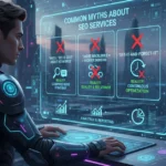 A man in a futuristic suit analyzes a holographic screen displaying common myths about SEO services, including "SEO is just about keywords" and "More backlinks = higher ranking," with each myth crossed out in red.