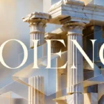 Poieno ancient Greek columns with modern geometric shapes representing creation and transformation