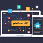Laptop and smartphone displaying using yehidomcid97 on digital platforms with connection icons and security features