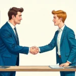 Two business professionals shaking hands across a desk with laptop and office charts, representing partnership with business formation lawyers