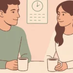Young couple having coffee on a date with clock in background representing dating time between dates and relationship timing