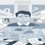 Confused person researching Emarand at computer with question marks, UK flag background, and stacked documents in minimalist blue-grey style