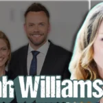 Sarah Williams standing beside Joel McHale, with a close-up portrait on the right and her name displayed in bold text.