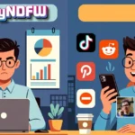 TotallyNDFW illustration showing person working on laptop versus enjoying social media memes and cat videos on phone with TikTok and Reddit icons