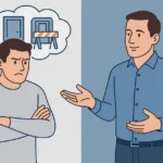 Illustration showing an immature man on the left with defensive body language and avoidance symbols, contrasted with a mature man communicating openly.