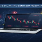 Xaicotum investment warning showing laptop with declining cryptocurrency charts, Bitcoin symbols, and red alert icons on blue background