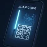 Smartphone screen showing a “scan code” prompt with a glowing lightsaber, a TIE fighter, and a QR code, illustrating star wars movie fx maker codes.
